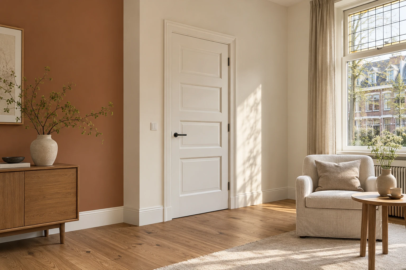 Lichte woonkamer met strakke kozijnen en een warme terracotta wand